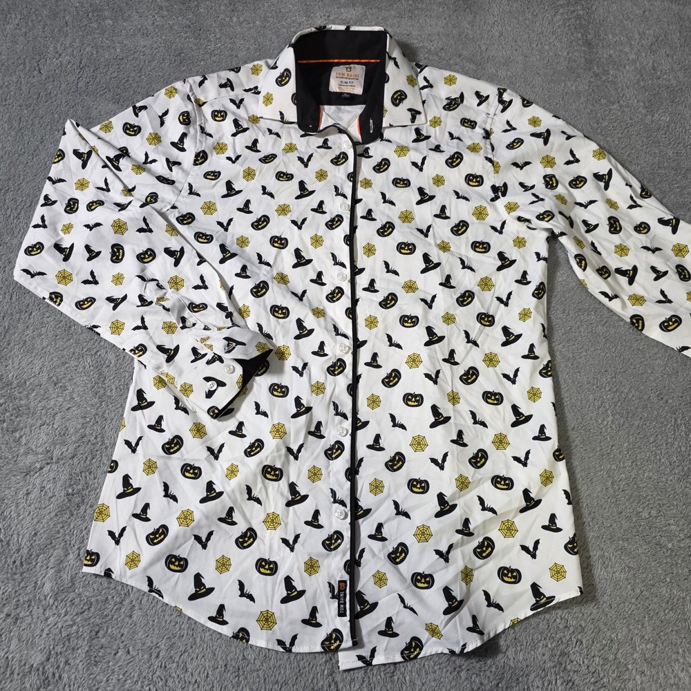 Tom Baine Mens XL Slim Fit Button Down Shirt White Halloween Print Stretch